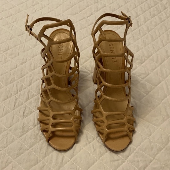 SCHUTZ Jaden caged sandals heels leather sole cream tan colour block heel sz 9B - Picture 4 of 17